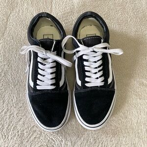 Vans Black Suede sneakers, white design. Low top